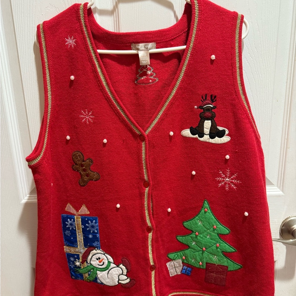 Vintage White Stag 80’s knit red ugly christmas embroidered sweater vest size XL